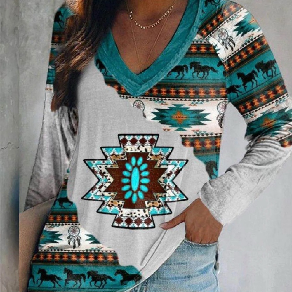 97.) Teal and Brown Aztec V-Neck Long Sleeve Top